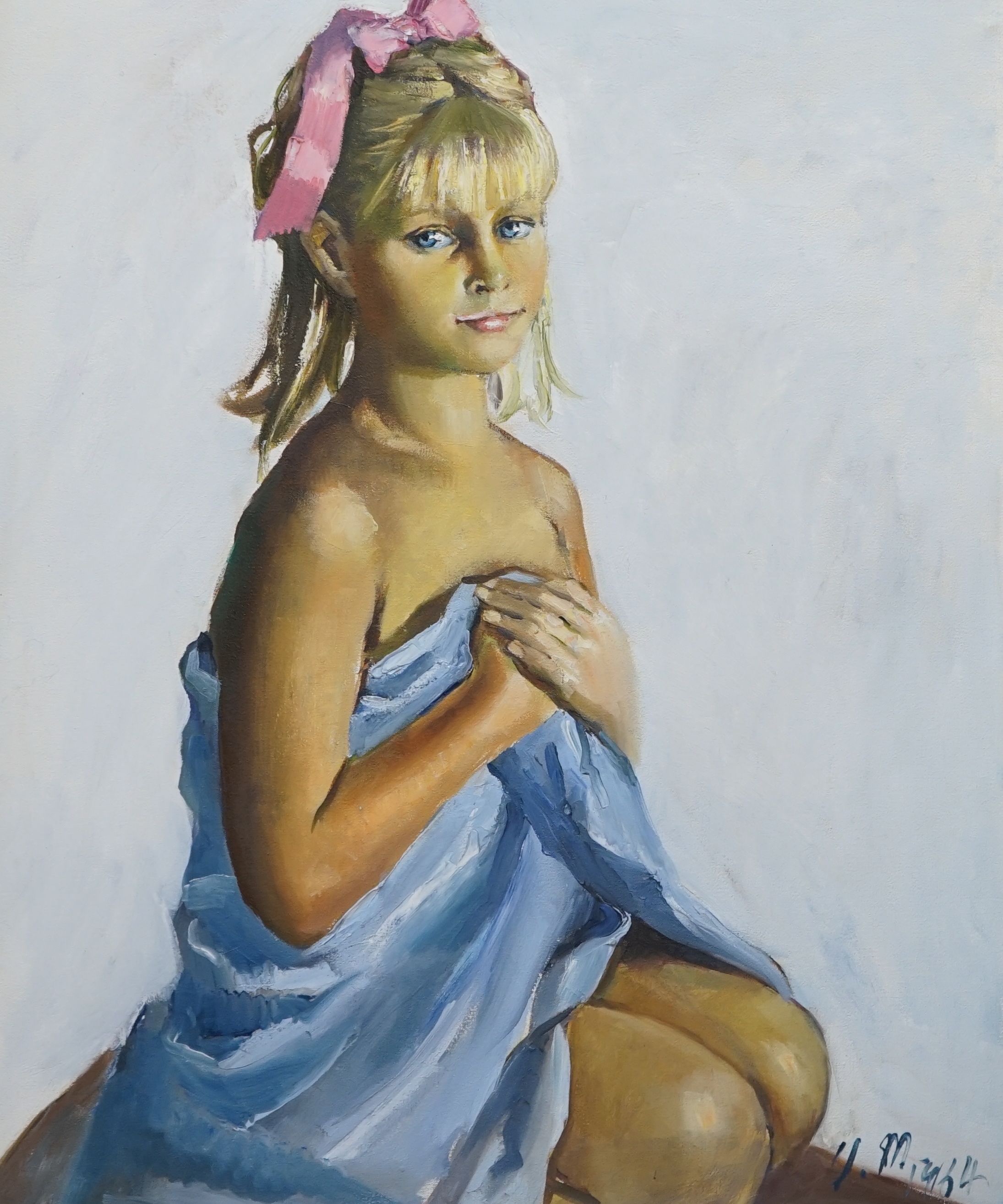 JM 1954, oil on canvas, Portrait of a girl with a ribbon in her hair, signed and dated, 76 x 62cm
